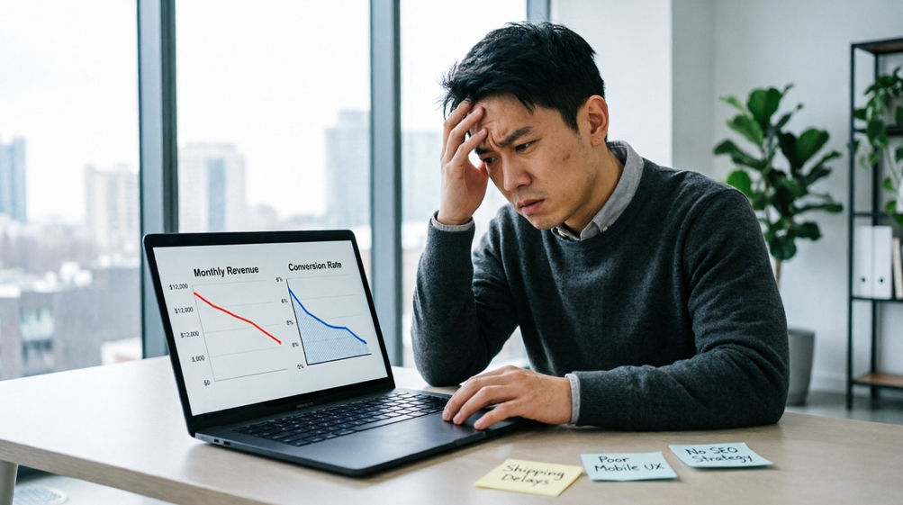 Frustrated entrepreneur with declining sales graphs