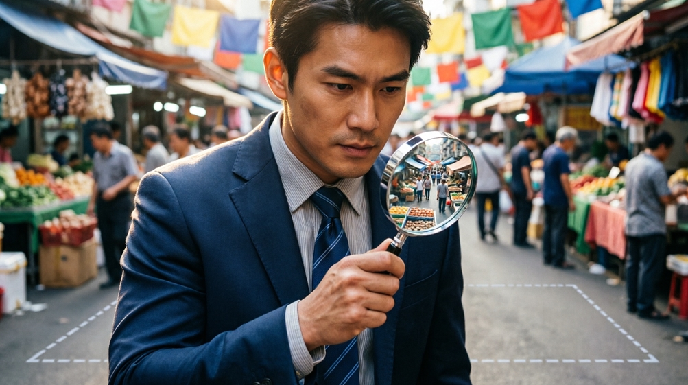 Businessman researching market with magnifying glass